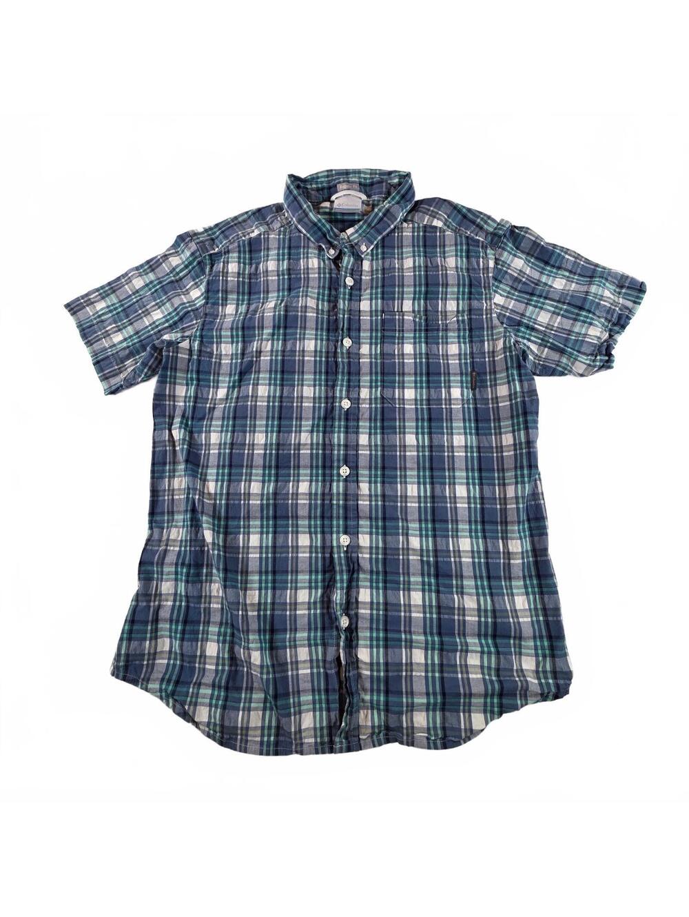 Columbia Mens Large Regular Fit Blue Green Plaid Short Sleeve Shirt Casual